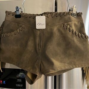 Free People Tan High-Waist Fringe Suede-Look Shorts